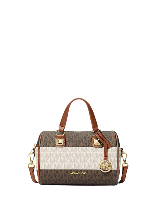 ( PREORDER ) Michael Kors Grayson Small Striped Signature Logo Duffel Crossbody Bag In Vanilla Luggage 35S6GGYC5U