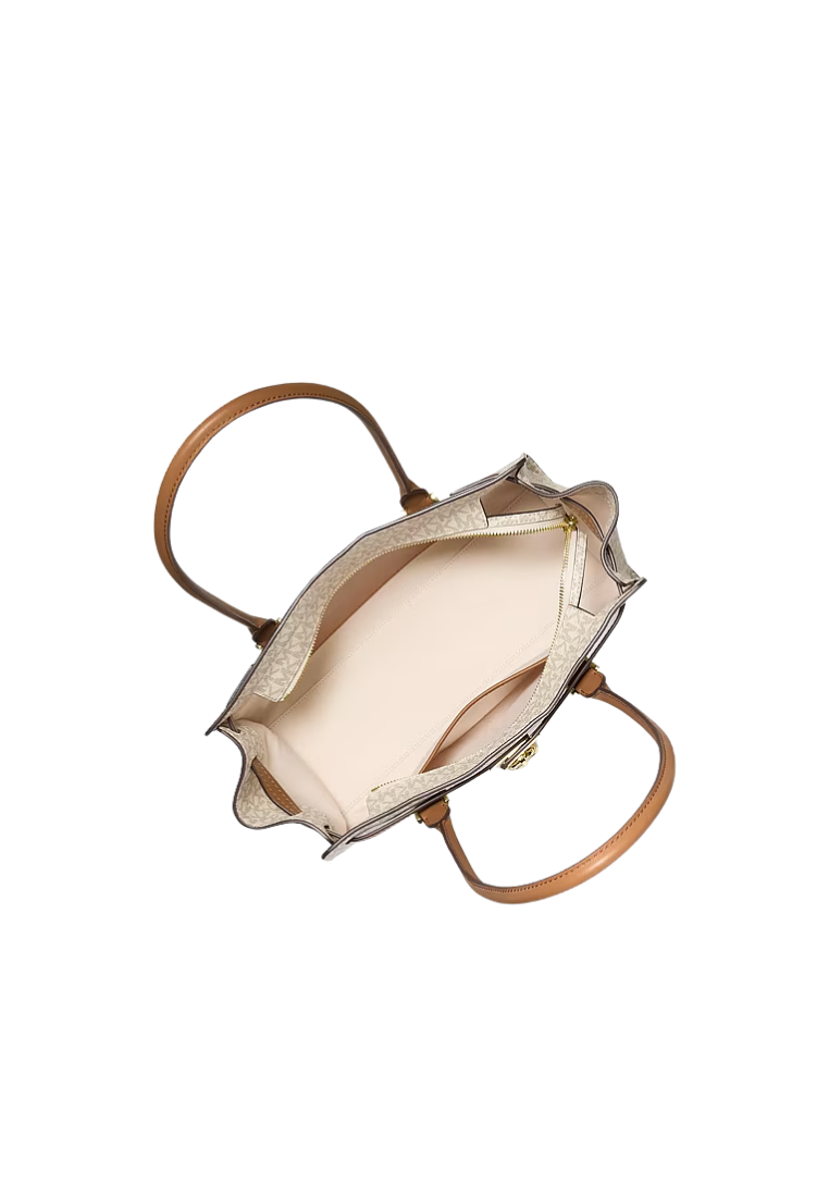( PREORDER ) Michael Kors Hamilton Moderne Small Signature Logo Satchel In Vanilla/Acorn 30F5GNXT0B