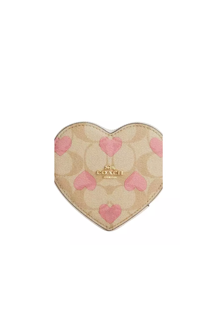 Coach Heart Coin Case Wallet In Signature Canvas with Heart Print In Light Khaki Chalk Multi CP480