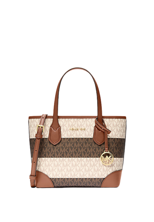 ( PREORDER ) Michael Kors Eva Extra-Small Striped Signature Logo Convertible Tote Bag In Vanilla Luggage 35S6GV0T0I
