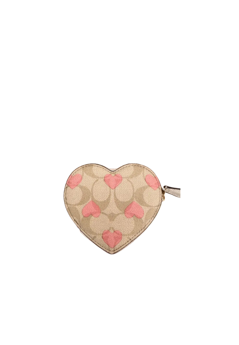 Coach Heart Coin Case Wallet In Signature Canvas with Heart Print In Light Khaki Chalk Multi CP480