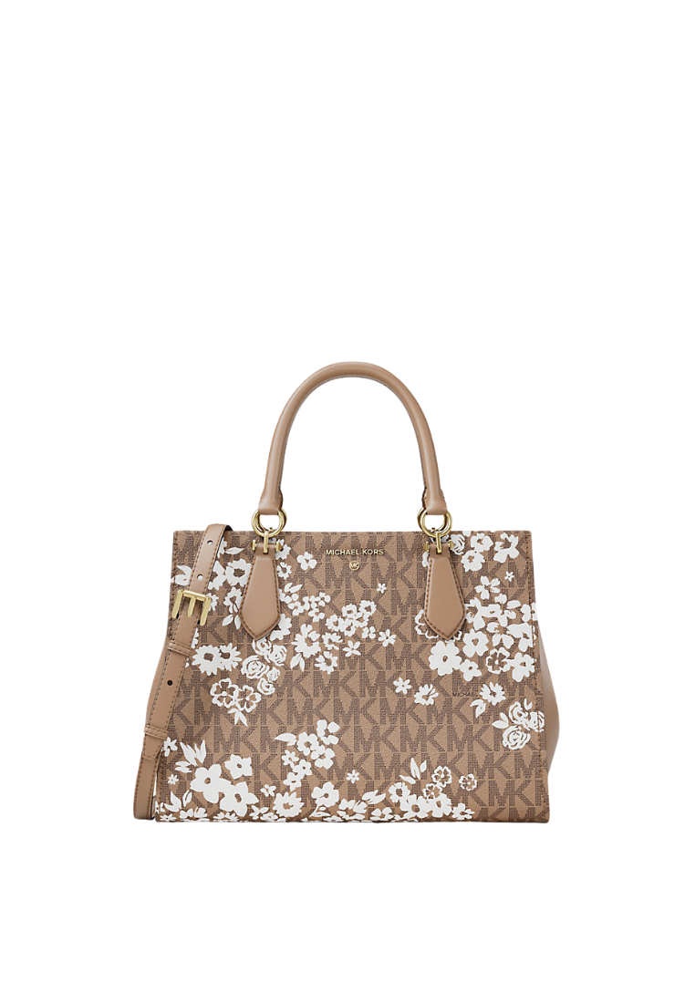 ( PREORDER ) Michael Kors Marilyn Medium Printed Signature Logo Satchel Bag In Camel 35S6G6AS2Y