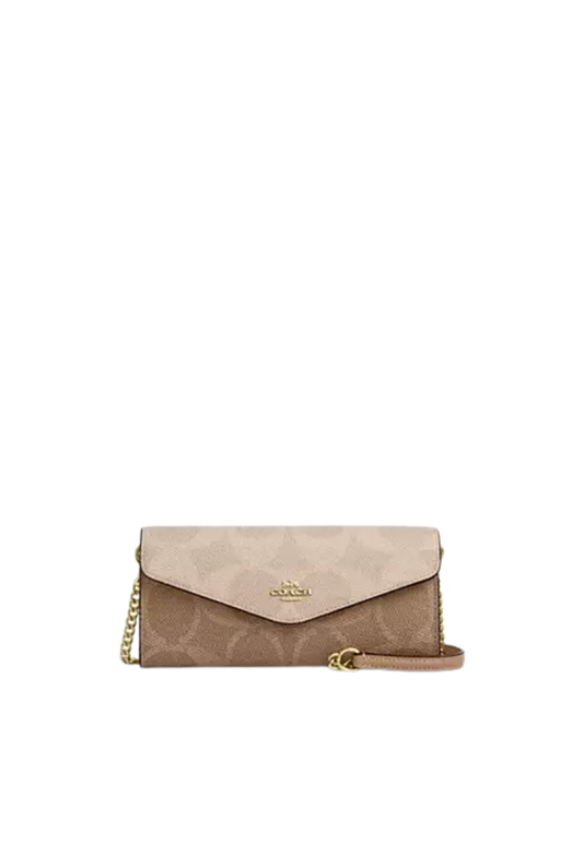 ( PREORDER ) Coach Klare With Chain In Blocked Signature Canvas Wallet In Gold Sand Tan CBI21