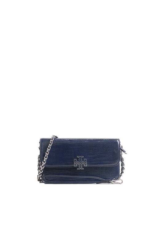 Tory Burch Britten Textured Patent Chain Wallet With Wristlet In Navy 175829
