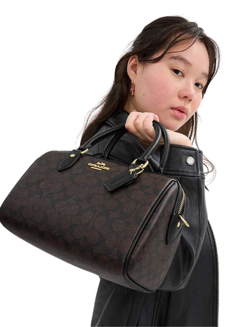 Coach Rowan Satchel Bag In Signature Canvas In Walnut Black CV961