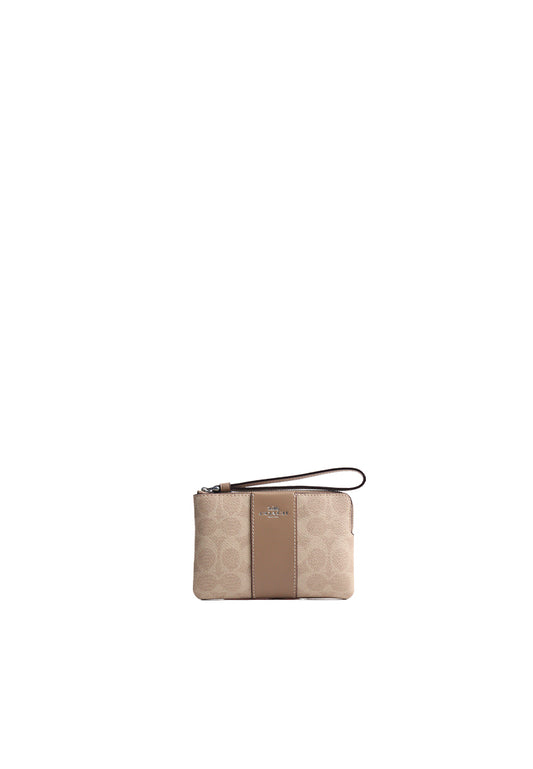 Coach Corner Zip Wristlet Signature Canvas In Sand Taupe CW854