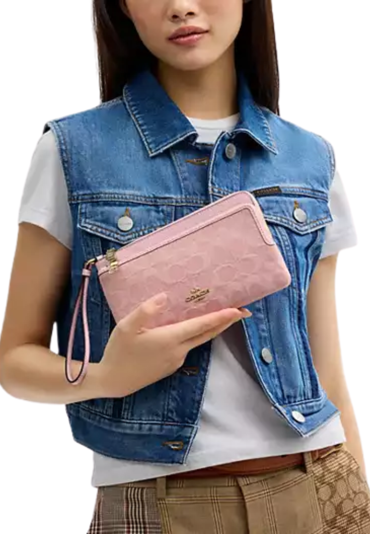 Coach Double Zip Wallet Signature Denim In Light Pink CDN22