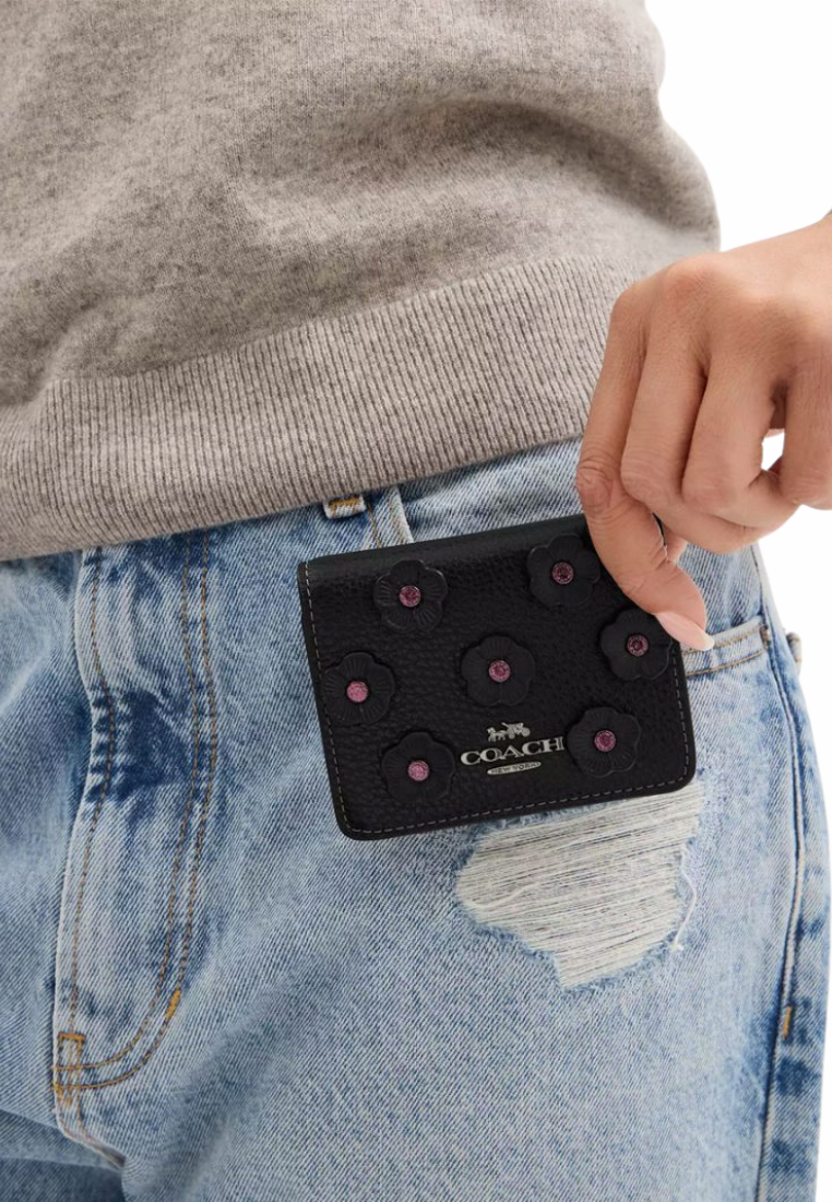 Coach Mini Wallet On a Chain With Floral Applique In Black CAL71