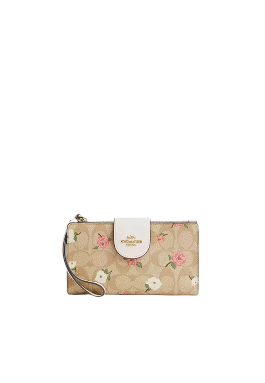 Coach Phone Wallet In Signature Canvas With Floral Print In Light Khaki Chalk Multi CR967