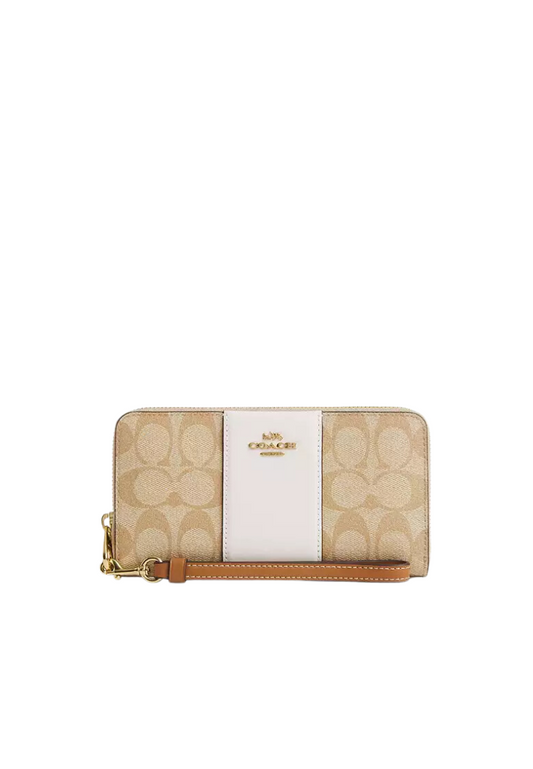 Coach Long Zip Around Wallet In Signature Canvas With Stripe In Light Khaki Chalk Saddle CR624