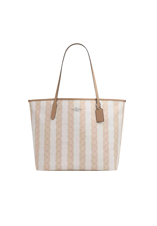 ( PREORDER ) Coach Large City In Signature Canvas With Stripe Tote Bag In Sand Tan CBI03