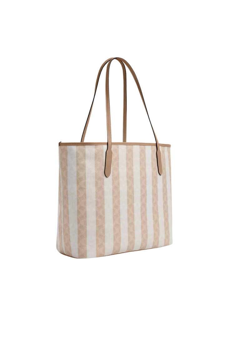 ( PREORDER ) Coach Large City In Signature Canvas With Stripe Tote Bag In Sand Tan CBI03