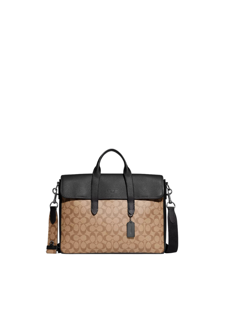 ( PREORDER ) Coach Sullivan Portfolio Brief Messenger Bag In Signature Canvas In Tan Black CZ402