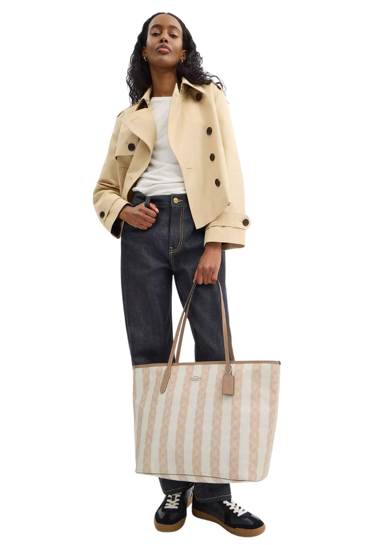 ( PREORDER ) Coach Large City In Signature Canvas With Stripe Tote Bag In Sand Tan CBI03