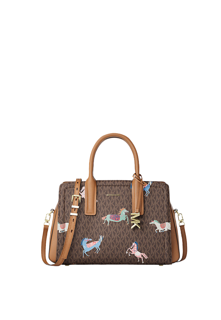 ( PREORDER ) Michael Kors Laila Medium Signature Logo Satchel Bag In Brown Acorn 30R6G9IS6U