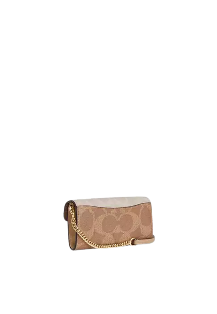 ( PREORDER ) Coach Klare With Chain In Blocked Signature Canvas Wallet In Gold Sand Tan CBI21