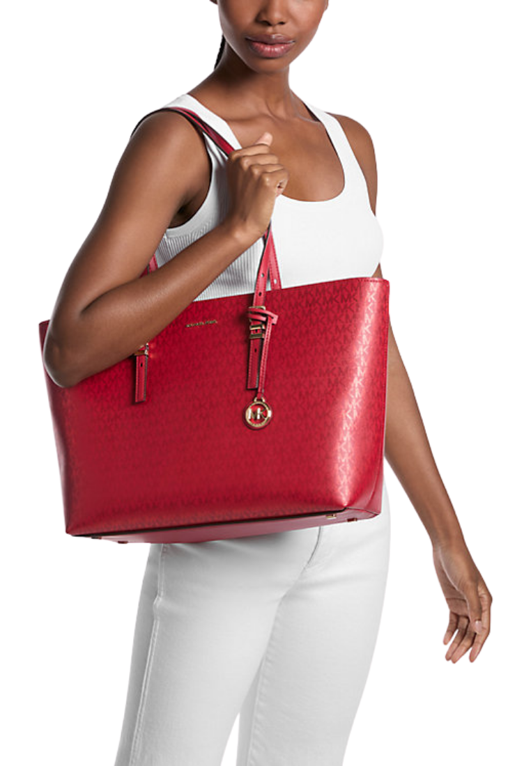( PREORDER ) Michael Kors Quinn Large Metallic Signature Logo Tote Bag In Crimson 30F5GQNT9R