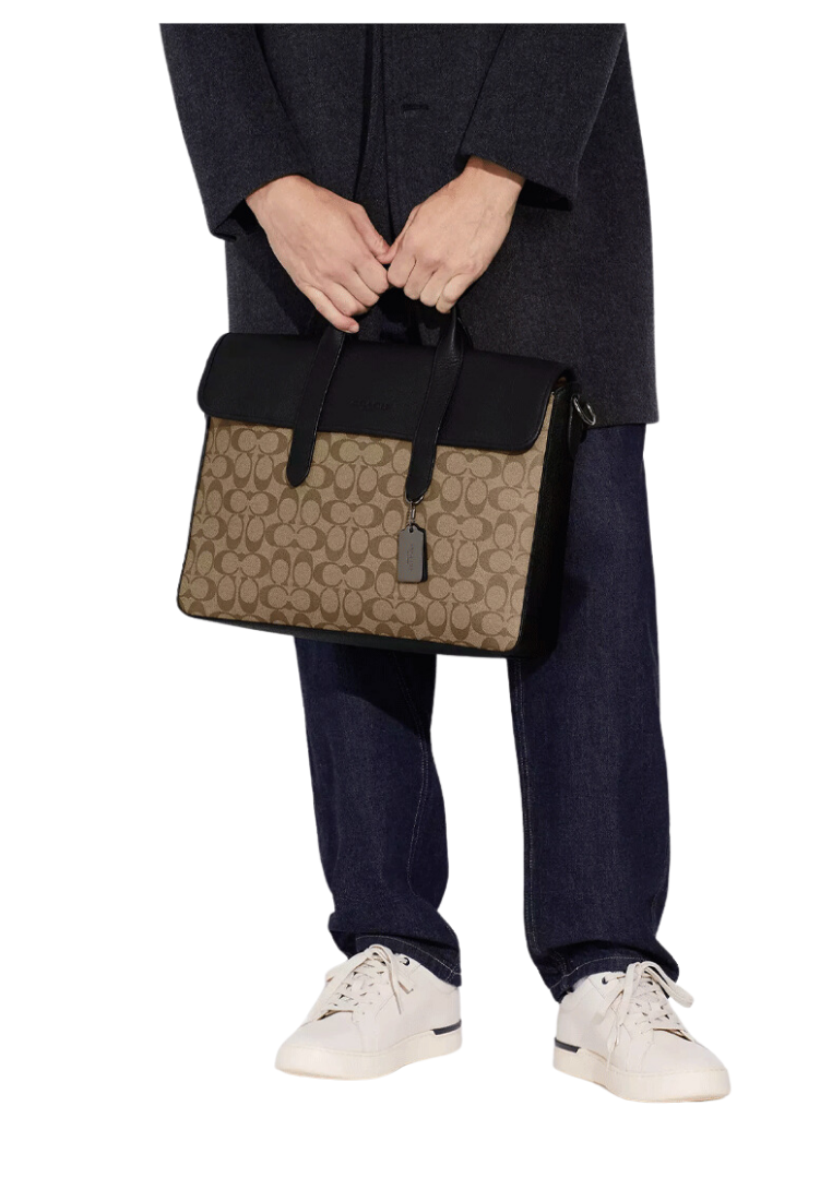 ( PREORDER ) Coach Sullivan Portfolio Brief Messenger Bag In Signature Canvas In Tan Black CZ402