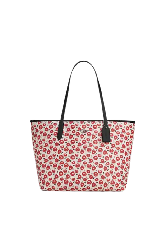 ( PREORDER ) Coach City With Floral Print Tote Bag In Silver Chalk Black Multi CBI50