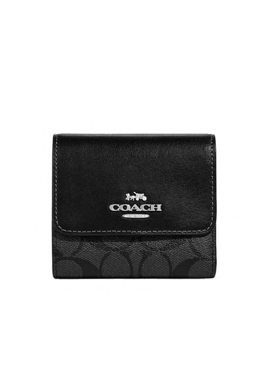 Coach Small Trifold Wallet CE930 With Blocked Signature Canvas In Silver Graphite Black