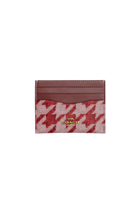 Coach Slim Id Card Case With Houndstooth Print In Pink Red CJ722