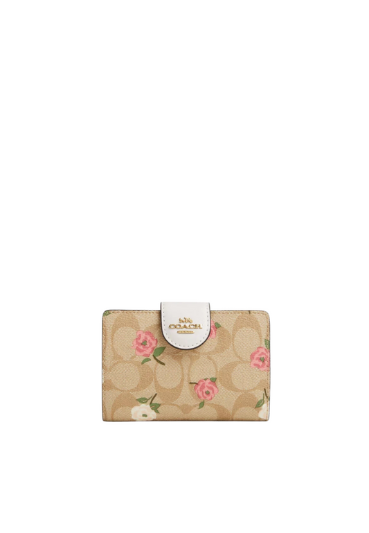 Coach Medium Corner Zip Wallet In Signature Canvas With Floral Print In Light Khaki Chalk Multi CR968