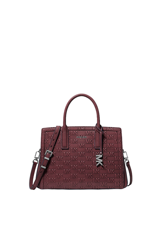 ( PREORDER ) Michael Kors Laila Medium Logo Embossed Burnished Leather Satchel Bag In Oxblood 30F5T9IS2L