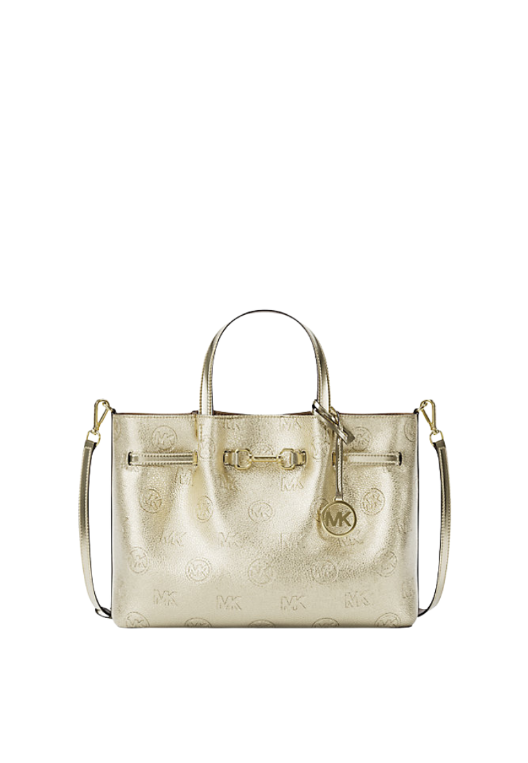 ( PREORDER ) Michael Kors Carson Medium Metallic Logo Debossed Satchel Bag In Pale Gold 35R6G2ZS7M