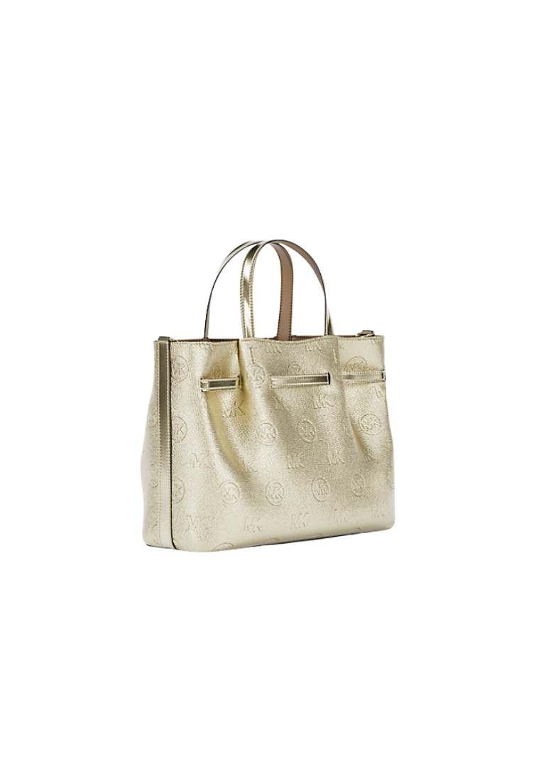 ( PREORDER ) Michael Kors Carson Medium Metallic Logo Debossed Satchel Bag In Pale Gold 35R6G2ZS7M