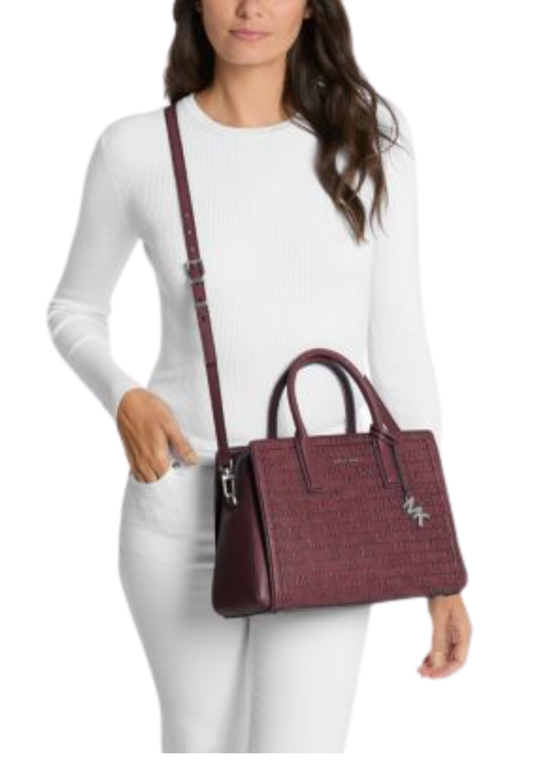 ( PREORDER ) Michael Kors Laila Medium Logo Embossed Burnished Leather Satchel Bag In Oxblood 30F5T9IS2L