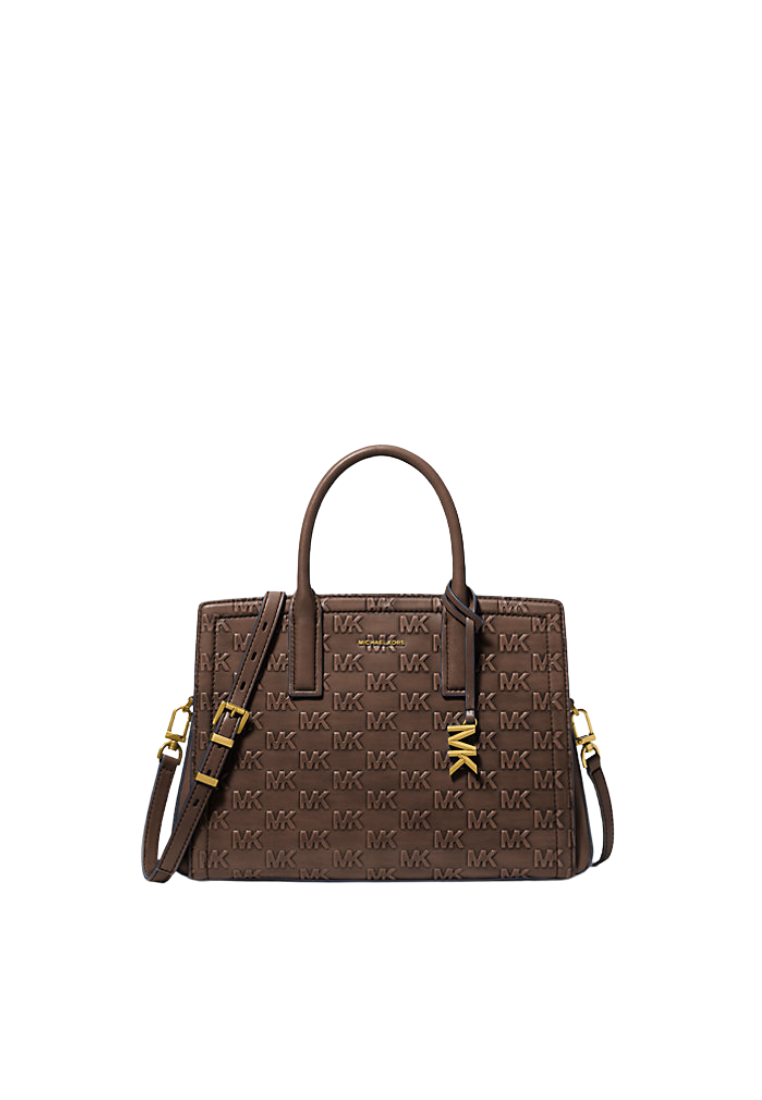 ( PREORDER ) Michael Kors Laila Medium Logo Embossed Burnished Leather Satchel Bag In Chocolate 30F5A9IS2L