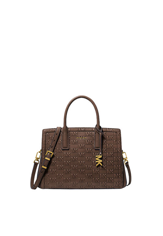 ( PREORDER ) Michael Kors Laila Medium Logo Embossed Burnished Leather Satchel Bag In Chocolate 30F5A9IS2L