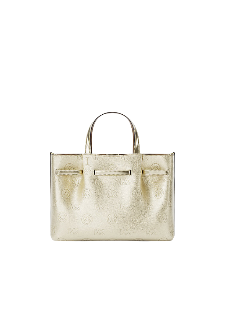 ( PREORDER ) Michael Kors Carson Medium Metallic Logo Debossed Satchel Bag In Pale Gold 35R6G2ZS7M