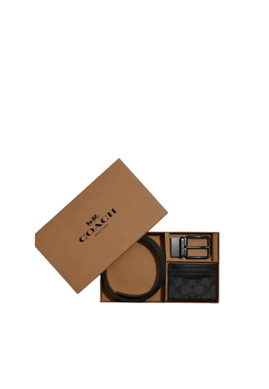 Coach Boxed Card Case And Belt In Colorblock Signature Canvas In Charcoal Black CQ082