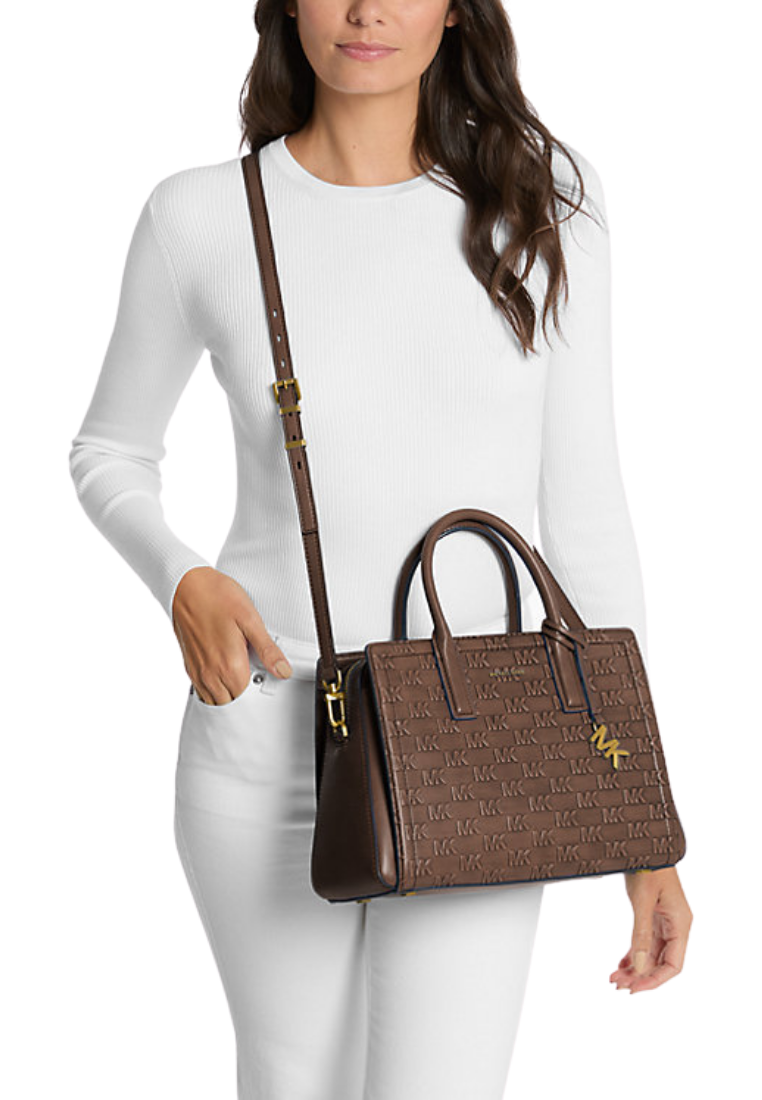 ( PREORDER ) Michael Kors Laila Medium Logo Embossed Burnished Leather Satchel Bag In Chocolate 30F5A9IS2L
