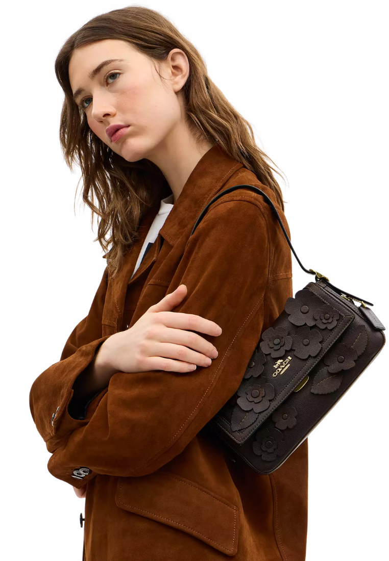 ( PREORDER ) Coach Etta Small Flap With Floral Applique Shoulder Bag In Gold Maple CDY43