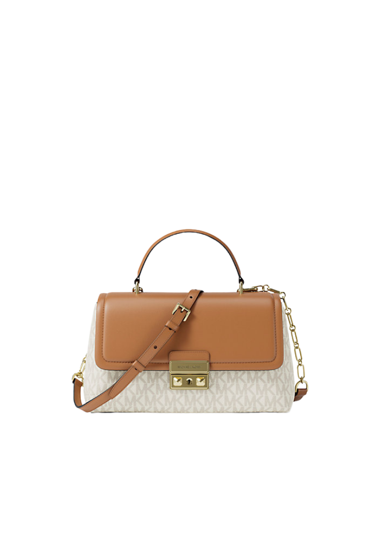 ( PREORDER ) Michael Kors Tribeca Medium Signature Logo Satchel Bag In Vanilla Acorn 30F5G2RS2B