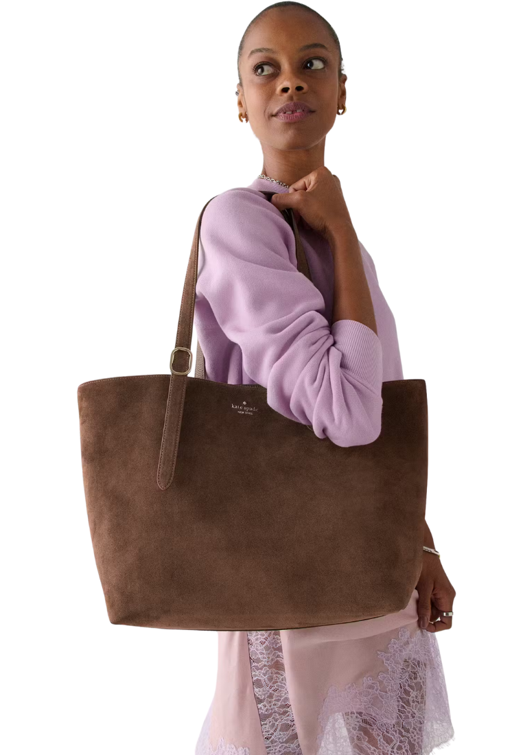 ( PREORDER ) Kate Spade 454 Suede Large Tote Bag In Hot Fudge KM714