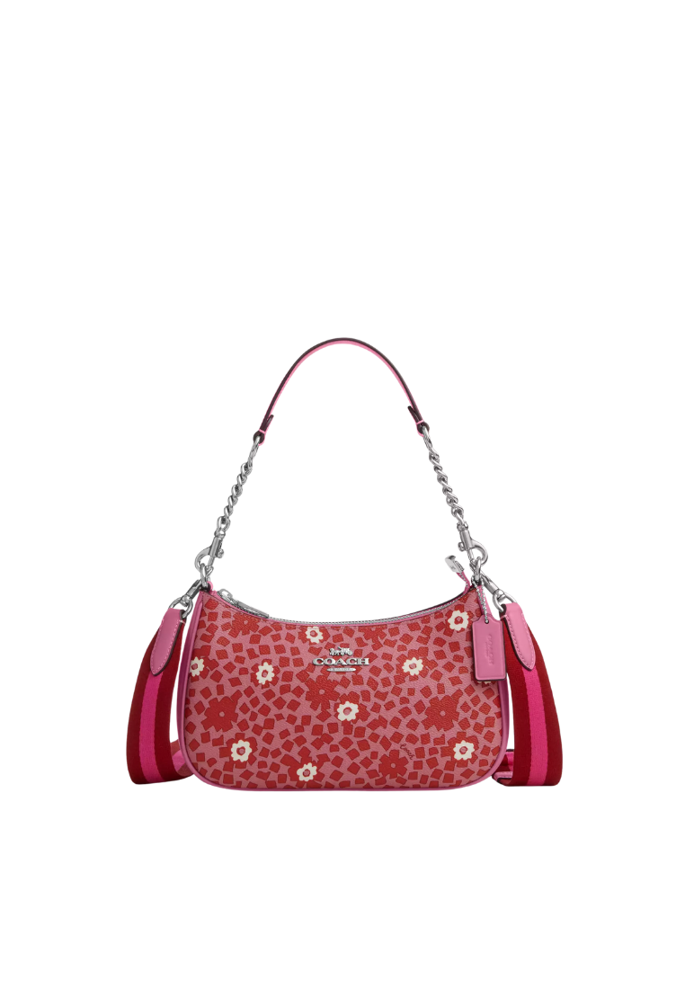 ( PREORDER ) Coach Teri With Floral Print Shoulder Bag In Silver Pink Multi CBI52