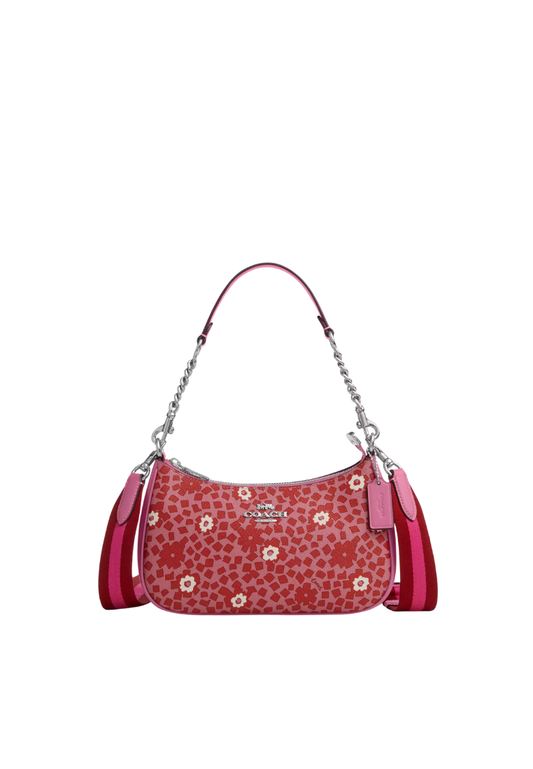 ( PREORDER ) Coach Teri With Floral Print Shoulder Bag In Silver Pink Multi CBI52