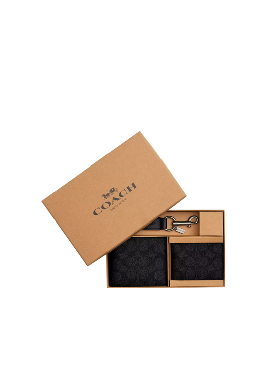 ( PREORDER ) Coach 3 In 1 Gift Set In Signature Canvas Wallet In Gunmetal Charcoal Black CW344