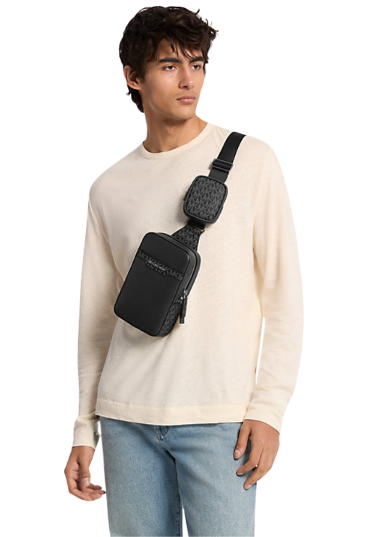 ( PREORDER ) Michael Kors Cooper Medium Pebbled Leather and Signature Logo with Pouch Sling Pack In Black 37R6LCOC8L