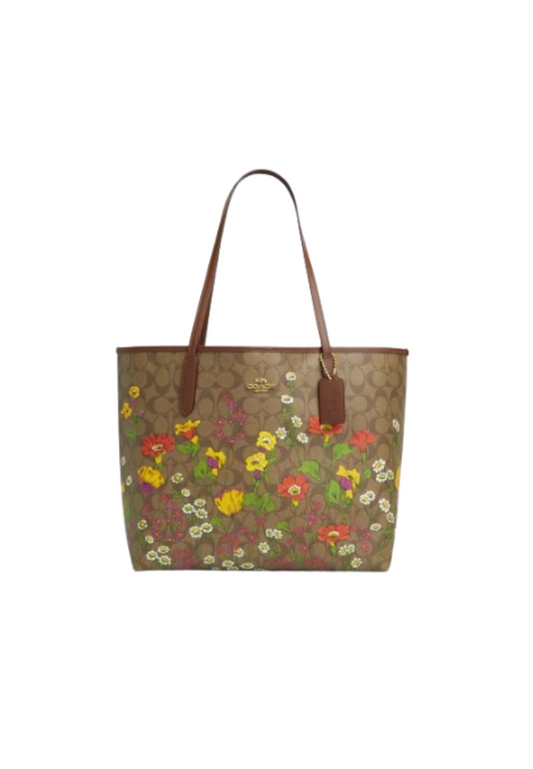 Coach City Shoulder Bag In Signature Canvas With Floral Print In Khaki Multi CR165