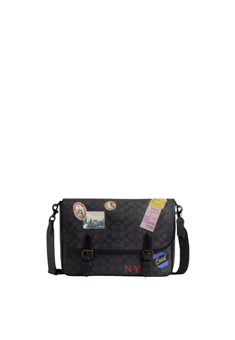 ( PREORDER ) Coach Hitch In Signature Canvas With Patches Messenger Bag In Charcoal Multi CBF09