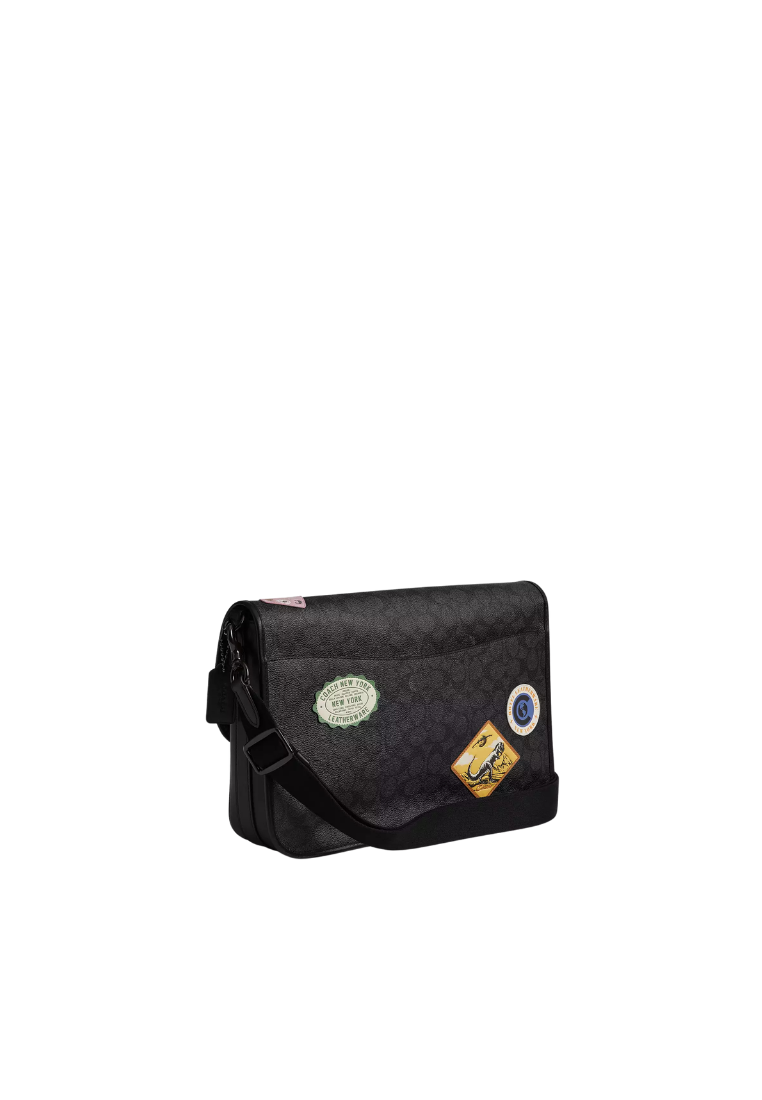 ( PREORDER ) Coach Hitch In Signature Canvas With Patches Messenger Bag In Charcoal Multi CBF09