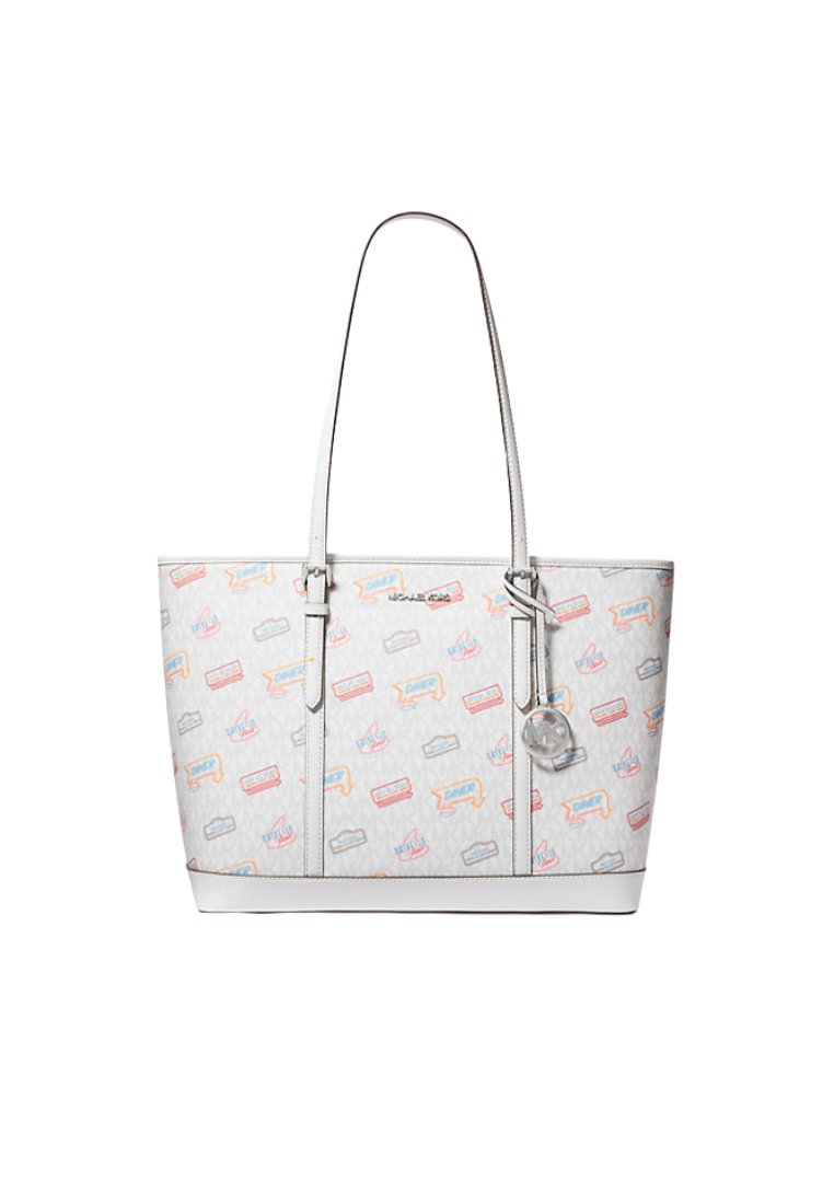 ( PREORDER ) Michael Kors Jet Set Large Printed Signature Logo Tote Bag In Optic White 35T5STVL9V