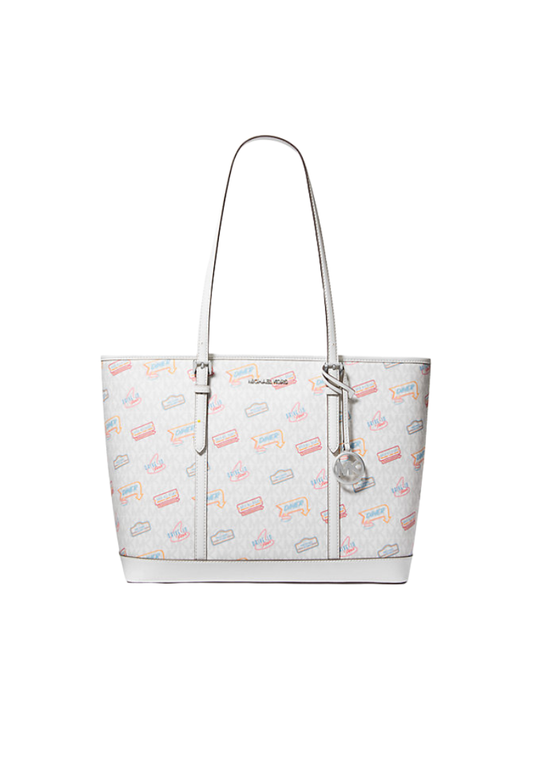 ( PREORDER ) Michael Kors Jet Set Large Printed Signature Logo Tote Bag In Optic White 35T5STVL9V