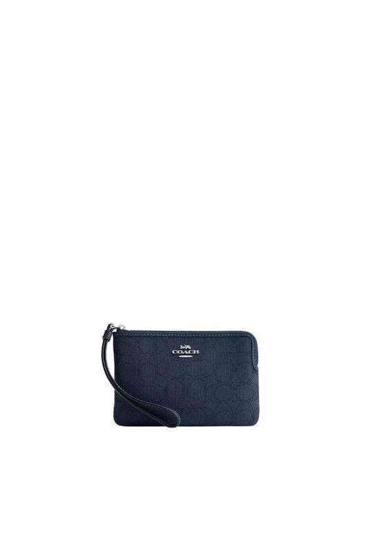 Coach Corner Zip Wristlet Signature Jacquard In Dark Denim CW862