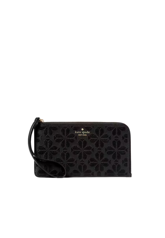 Kate Spade Lucy Spade Flower Embroidered Wallet Medium L-zip In Black KL857