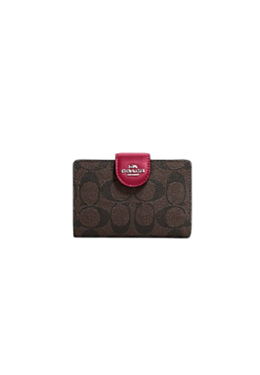 ( AS IS ) Coach Signature Medium Wallet Corner Zip In Brown Bright Violet C0082